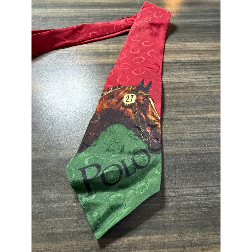 Polo Ralph Lauren Red Silk Horseshoe Jacquard Tie Hand Made USA Equestrian